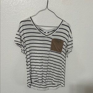Moa Moa Black and White Striped Top with Brown Pocket